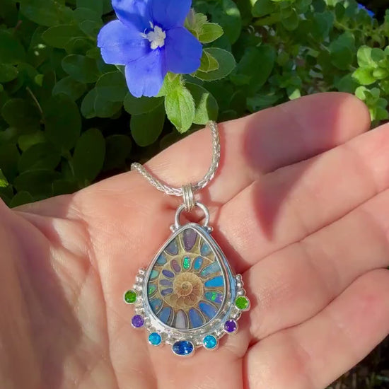 Ammonite Fossil Inlaid with Ethiopian Opals and Accented with gemstones