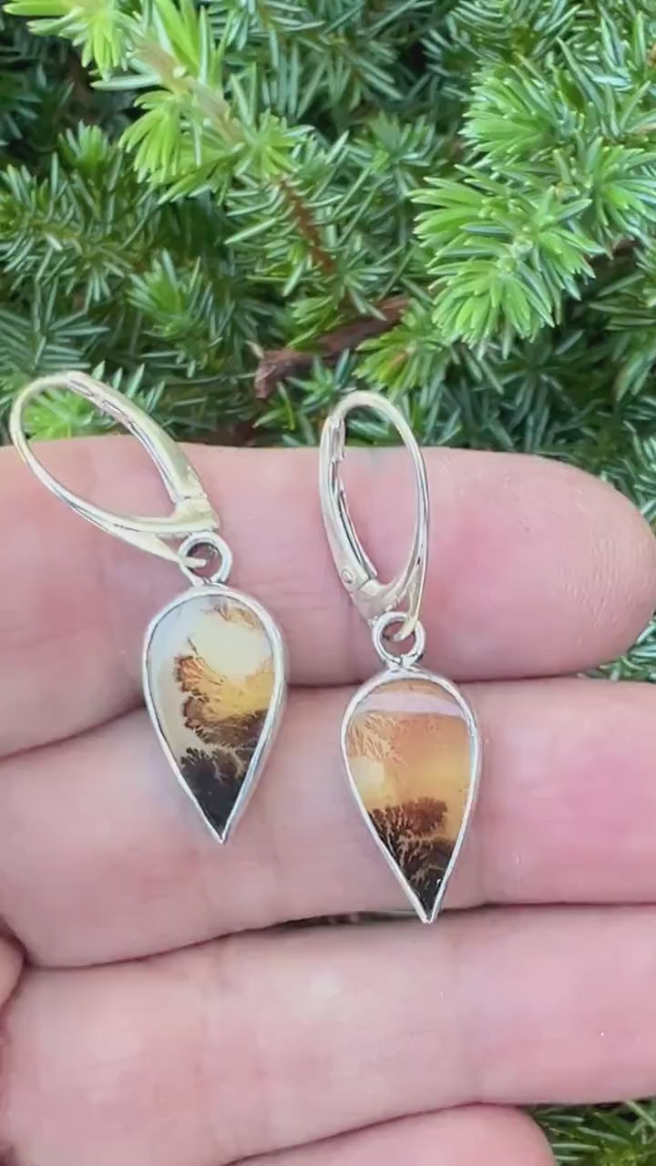 Dendritic Agate Teardrops in Sterling Silver, Scenic Stone Earrings, OOAK Nature Lover Jewelry