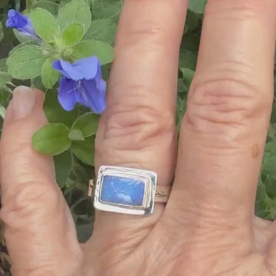 Australian Opal Rectangle Ring in sterling silver, October birthstone ring