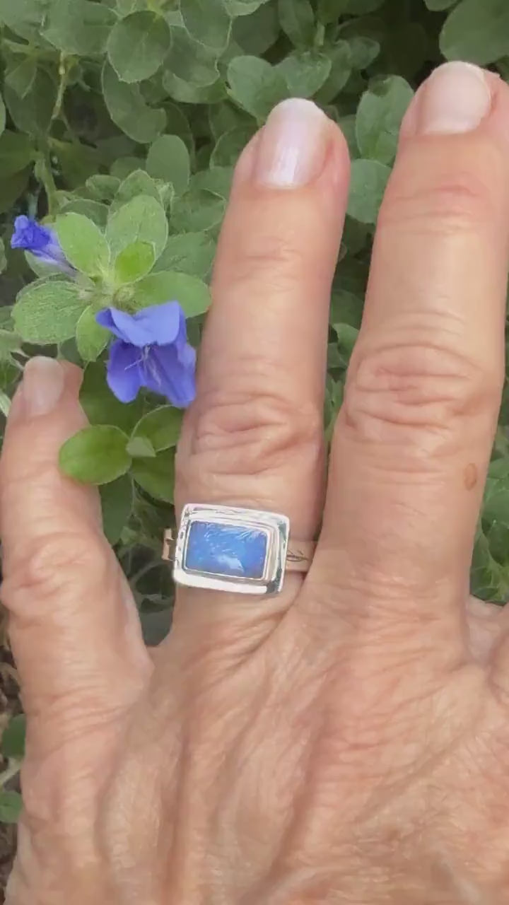 Australian Opal Rectangle Ring in sterling silver, October birthstone ring