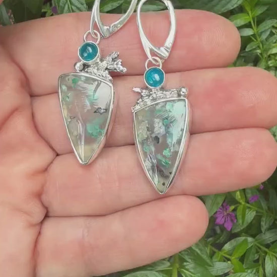 Confetti Chrysocolla and Neon Apatite Earrings, Sugar Water Flower Agate in Sterling Silver