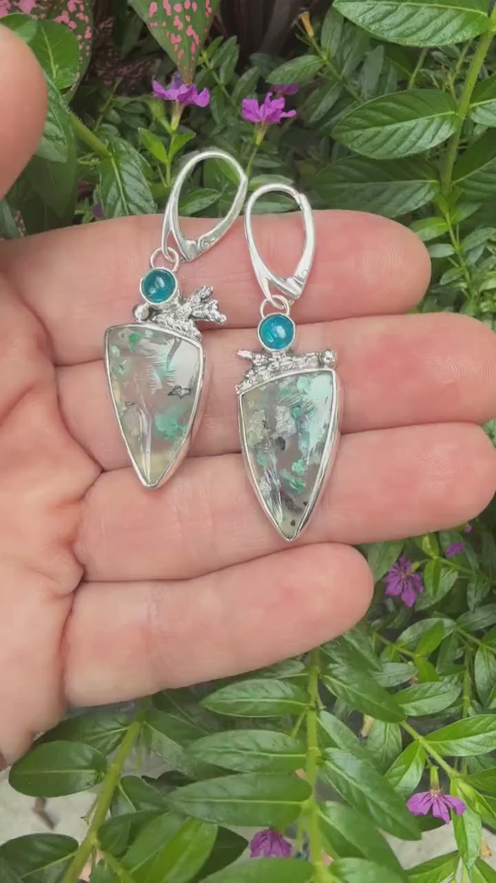Confetti Chrysocolla and Neon Apatite Earrings, Sugar Water Flower Agate in Sterling Silver