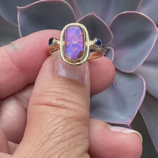 Australian Opal Ring In 14k Gold, Solid Opal and Sapphire Ring