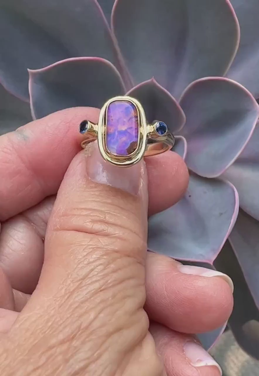 Australian Opal Ring In 14k Gold, Solid Opal and Sapphire Ring
