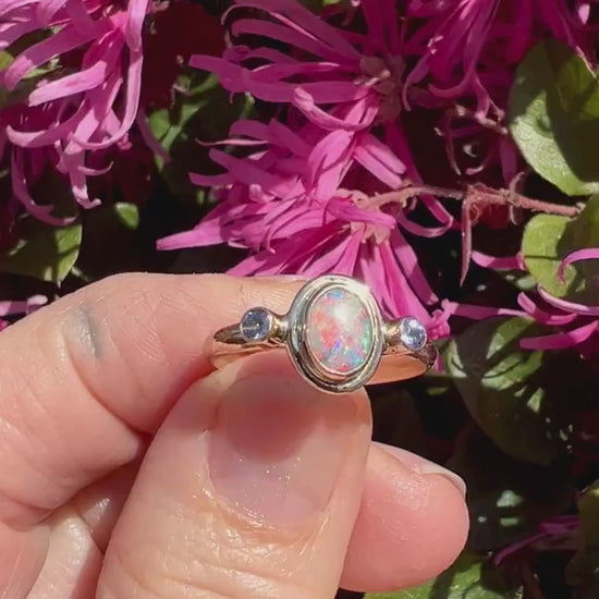 Australian Opal and Tanzanite in 14k Gold, Solid Opal Statement Ring, October Birthstone Ring