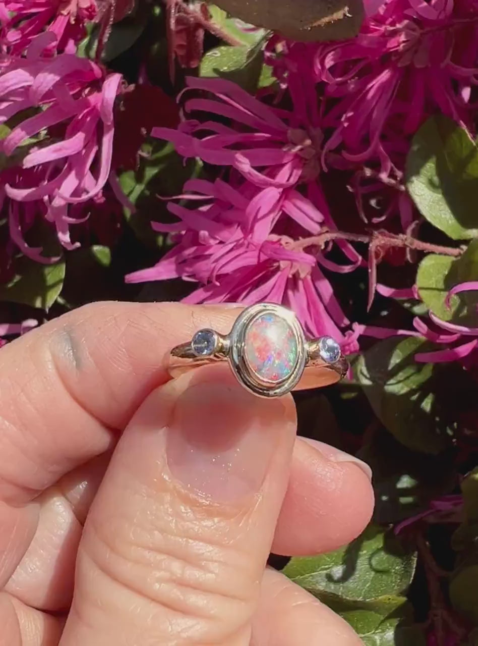 Australian Opal and Tanzanite in 14k Gold, Solid Opal Statement Ring, October Birthstone Ring