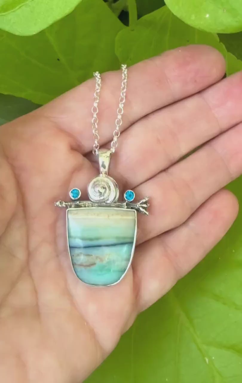 Opalized wood with kyanite  in sterling silver pendant