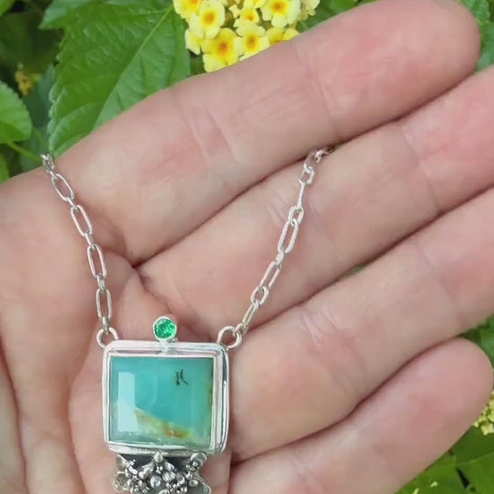 Peruvian Opal square necklace with Emerald in sterling silver