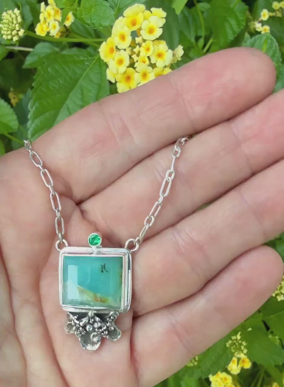 Peruvian Opal square necklace with Emerald in sterling silver