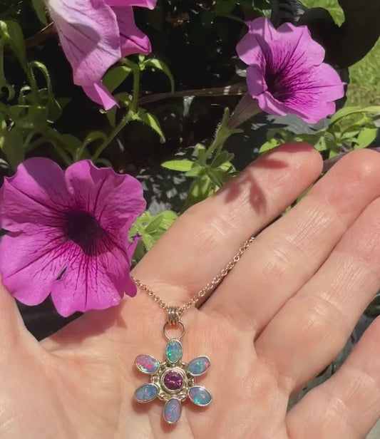 Australian Opal and Rhodolite Garnet Flower Pendant in 14k Gold