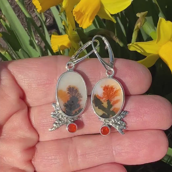 Dendritic Agate and Fire Opal Earrings, Floral Earrings in Sterling Silver