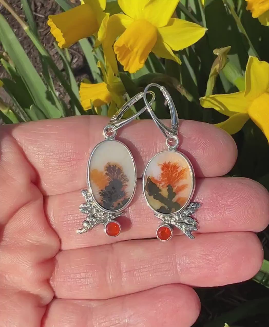 Dendritic Agate and Fire Opal Earrings, Floral Earrings in Sterling Silver