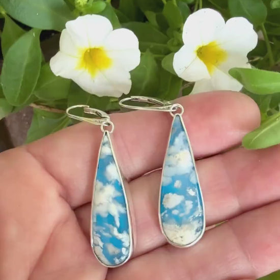 Cloud Earrings in Sterling Silver, Blue and White Stone Earrings, Plume Agate Jewelry