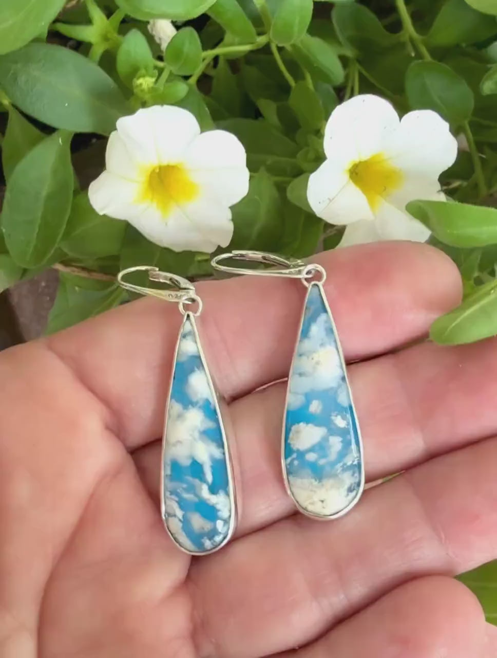Cloud Earrings in Sterling Silver, Blue and White Stone Earrings, Plume Agate Jewelry