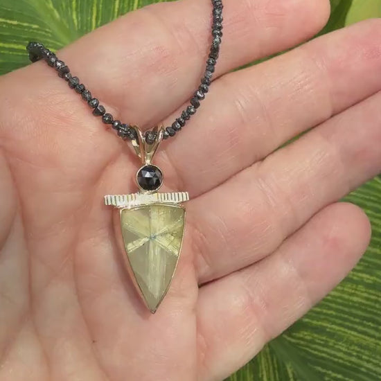 Rutilated Quartz and Black Diamond Pendant in 14k Gold and Sterling Silver