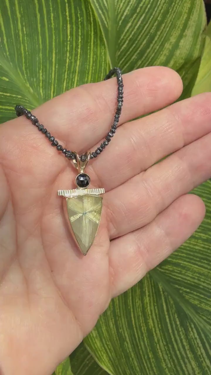 Rutilated Quartz and Black Diamond Pendant in 14k Gold and Sterling Silver