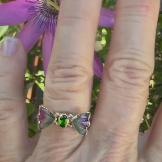 Watermelon Tourmaline Butterfly ring in 14k gold and sterling silver