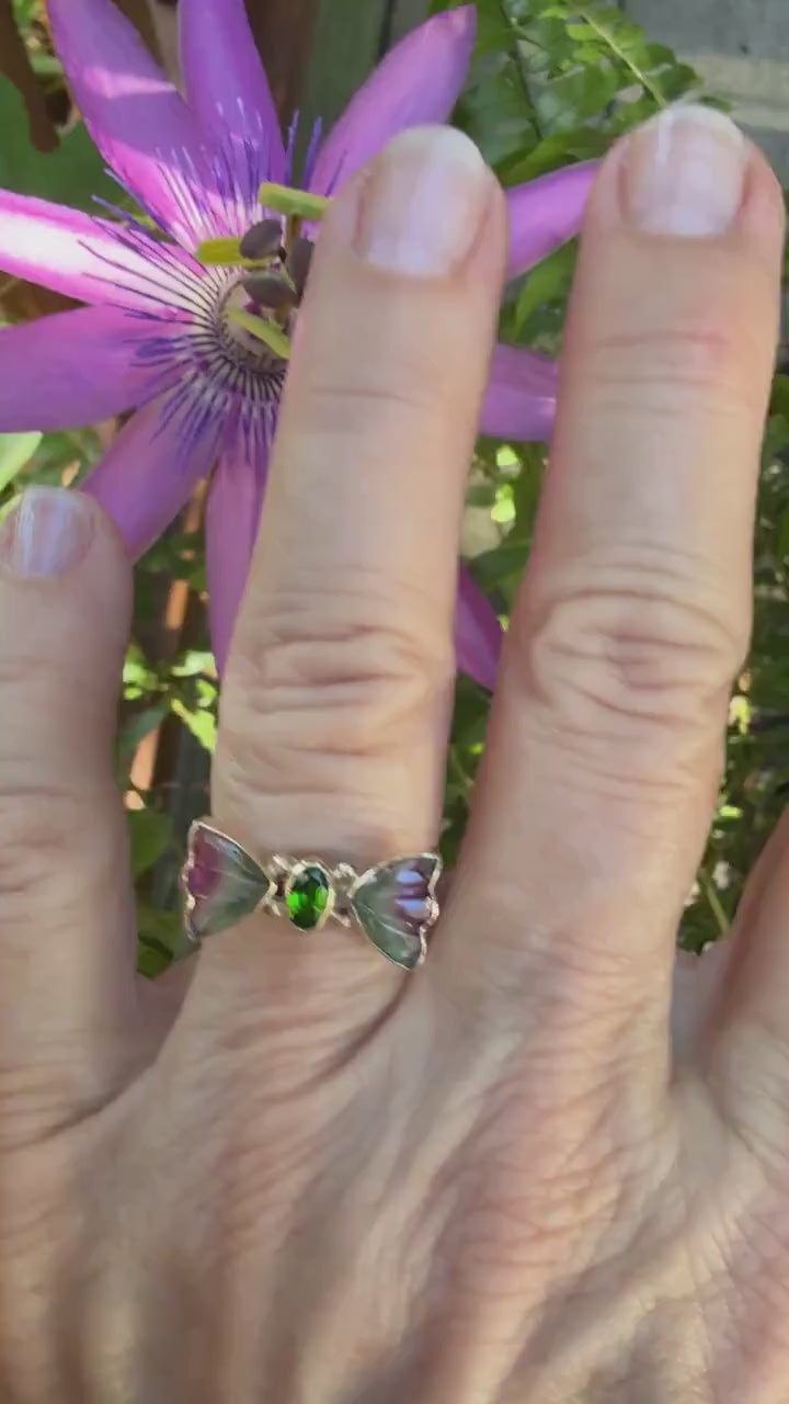 Watermelon Tourmaline Butterfly ring in 14k gold and sterling silver