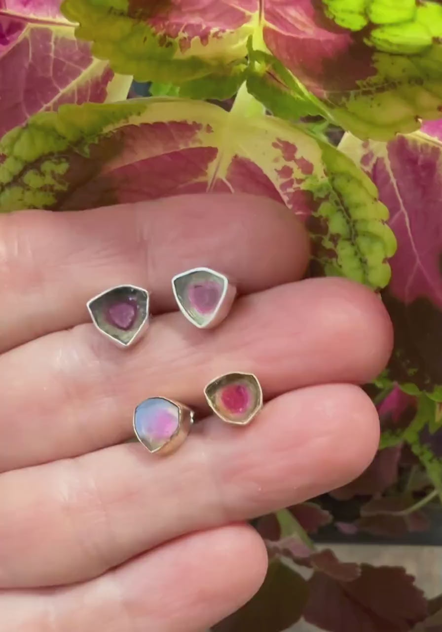 Watermelon Tourmaline Studs, Sterling Silver Gemstone Earrings, October Birthstone