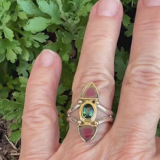 Watermelon Tourmaline Slice Ring, Gemstone Statement Ring in 14k and Sterling