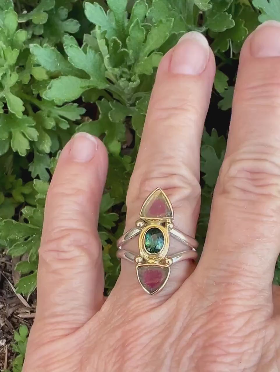 Watermelon Tourmaline Slice Ring, Gemstone Statement Ring in 14k and Sterling