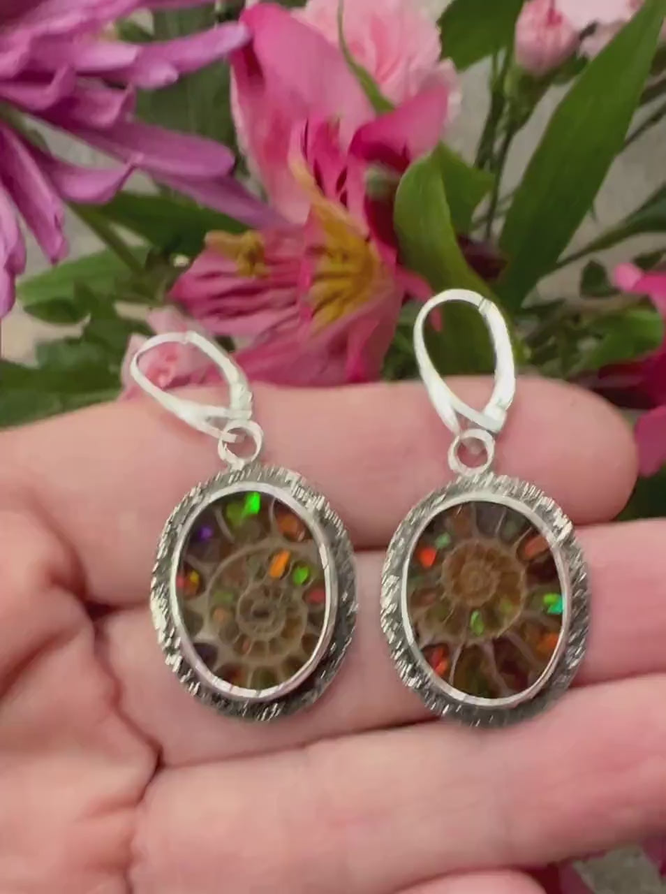 Ammonite Fossils Inlaid with Ammolite Sterling Silver Earrings, Fossil Jewelry, OOAK Rare Stone Earrings