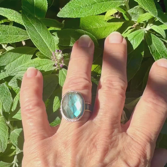 Handmade Labradorite Statement Ring in Sterling Silver and 14k Gold