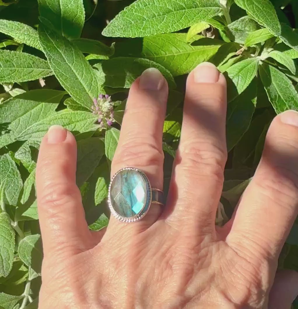 Handmade Labradorite Statement Ring in Sterling Silver and 14k Gold