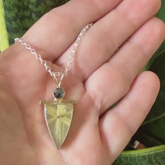 Rutilated Quartz and Black Diamond Pendant in 14k Gold and Sterling Silver