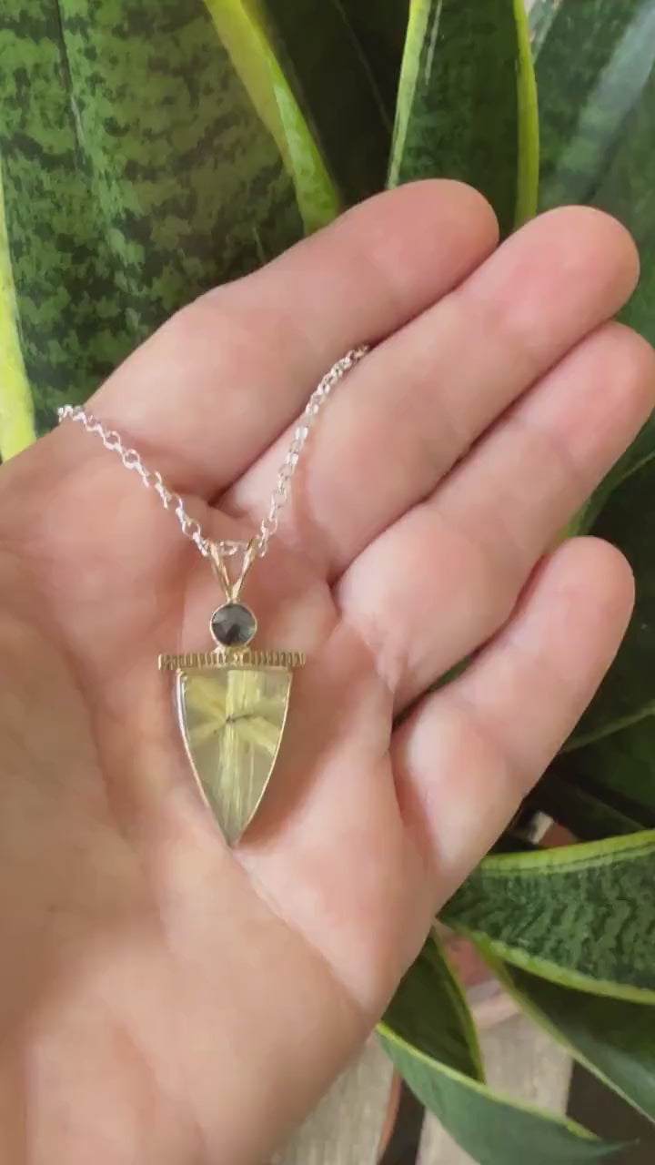 Rutilated Quartz and Black Diamond Pendant in 14k Gold and Sterling Silver