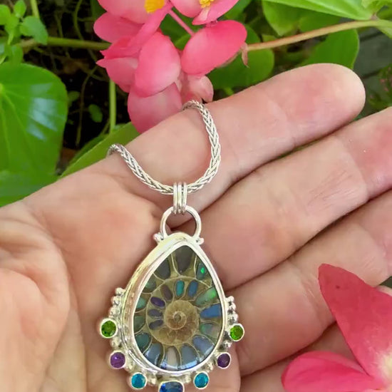 Ammonite Fossil Inlaid with Ethiopian Opals and Accented with gemstones