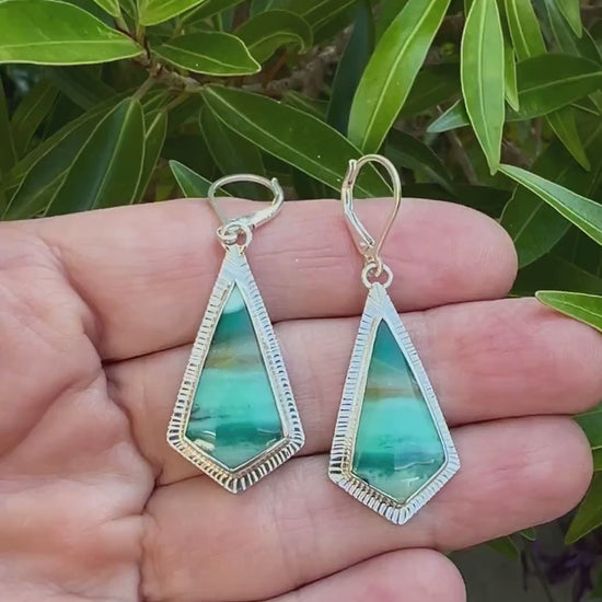 Indonesian Opal Earrings in Textured Sterling Silver, Blue Stone Earrings, Boho Jewelry