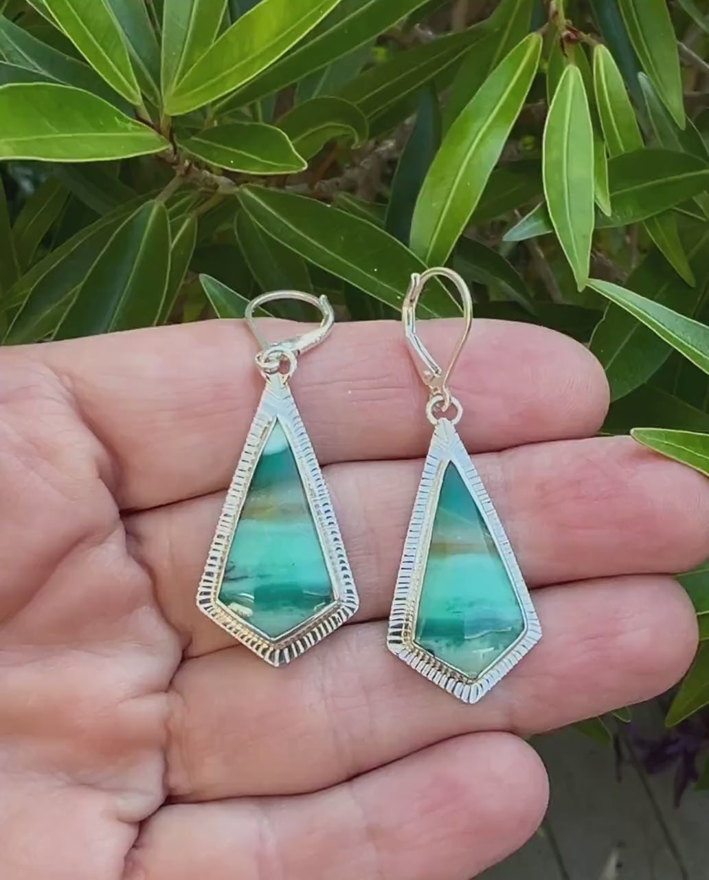 Indonesian Opal Earrings in Textured Sterling Silver, Blue Stone Earrings, Boho Jewelry