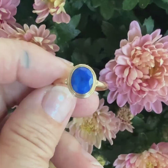 Handmade 14K Gold Lapis Ring: Faceted Natural Blue Stone