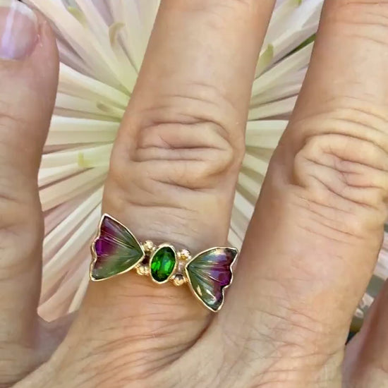 Watermelon Tourmaline Butterfly ring in 14k gold and sterling silver