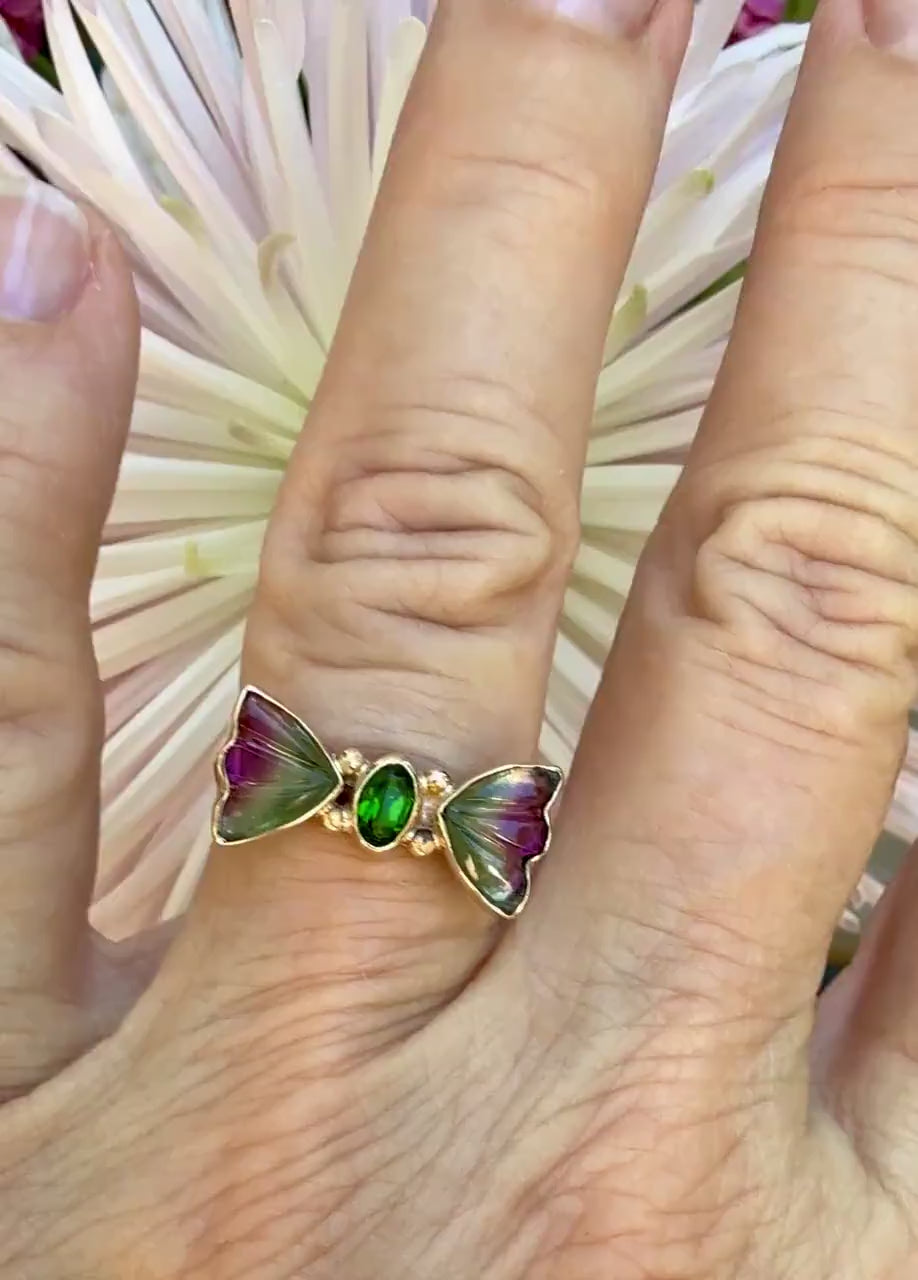 Watermelon Tourmaline Butterfly ring in 14k gold and sterling silver