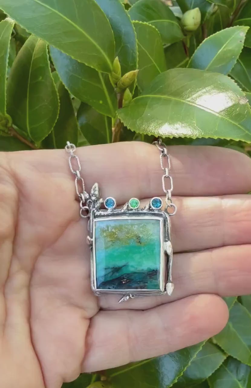 Indonesian Opalized Wood Necklace in Sterling Silver with Blue Topaz and Tsavorite Garnet