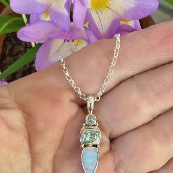 Australian Opal, Aquamarine and Diamond Pendant in Sterling Silver