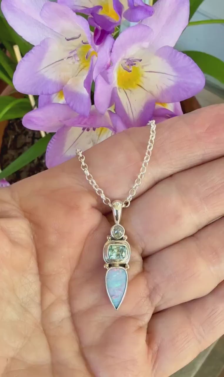 Australian Opal, Aquamarine and Diamond Pendant in Sterling Silver