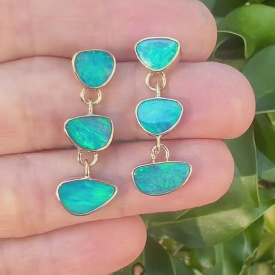 Australian Opals in 14k Gold Earrings, OOAK blue stone earrings, October birthstone jewelry