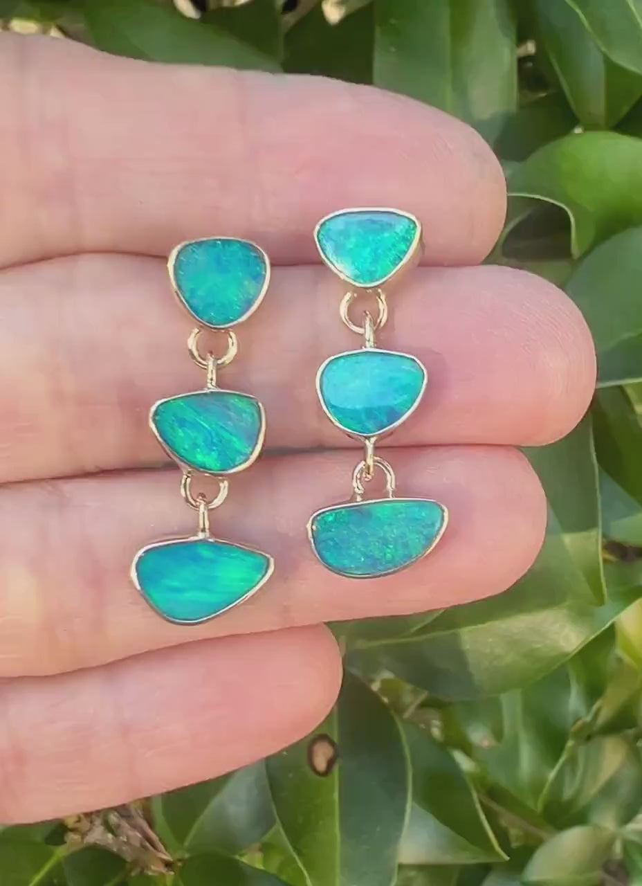 Australian Opals in 14k Gold Earrings, OOAK blue stone earrings, October birthstone jewelry