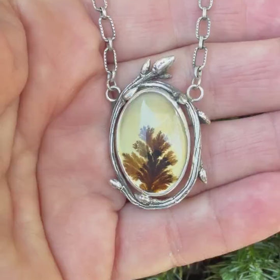 Dendritic Agate  Necklace In Sterling Silver, Twig Necklace with Scenic Stone