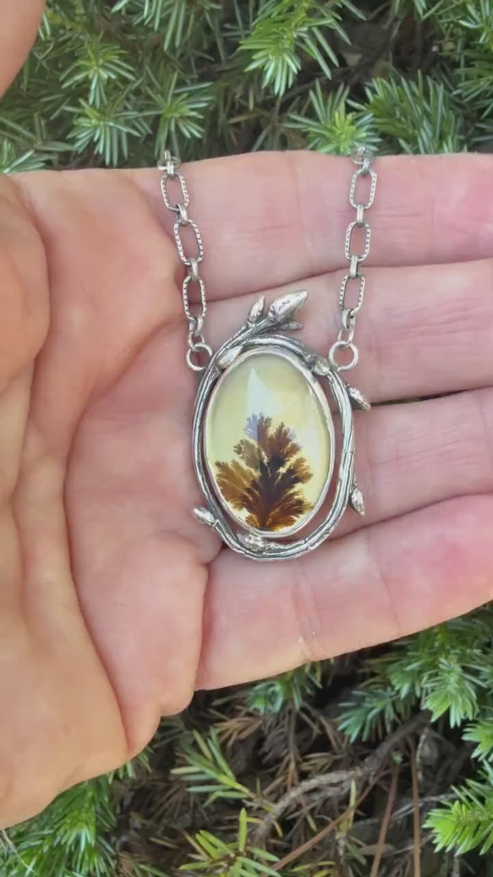 Dendritic Agate  Necklace In Sterling Silver, Twig Necklace with Scenic Stone