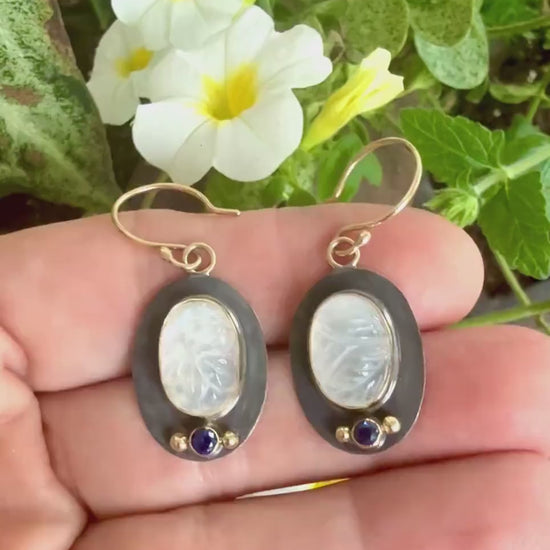 Rainbow Moonstone and Sapphire Earrings: 14k Gold & Oxidized Sterling Silver