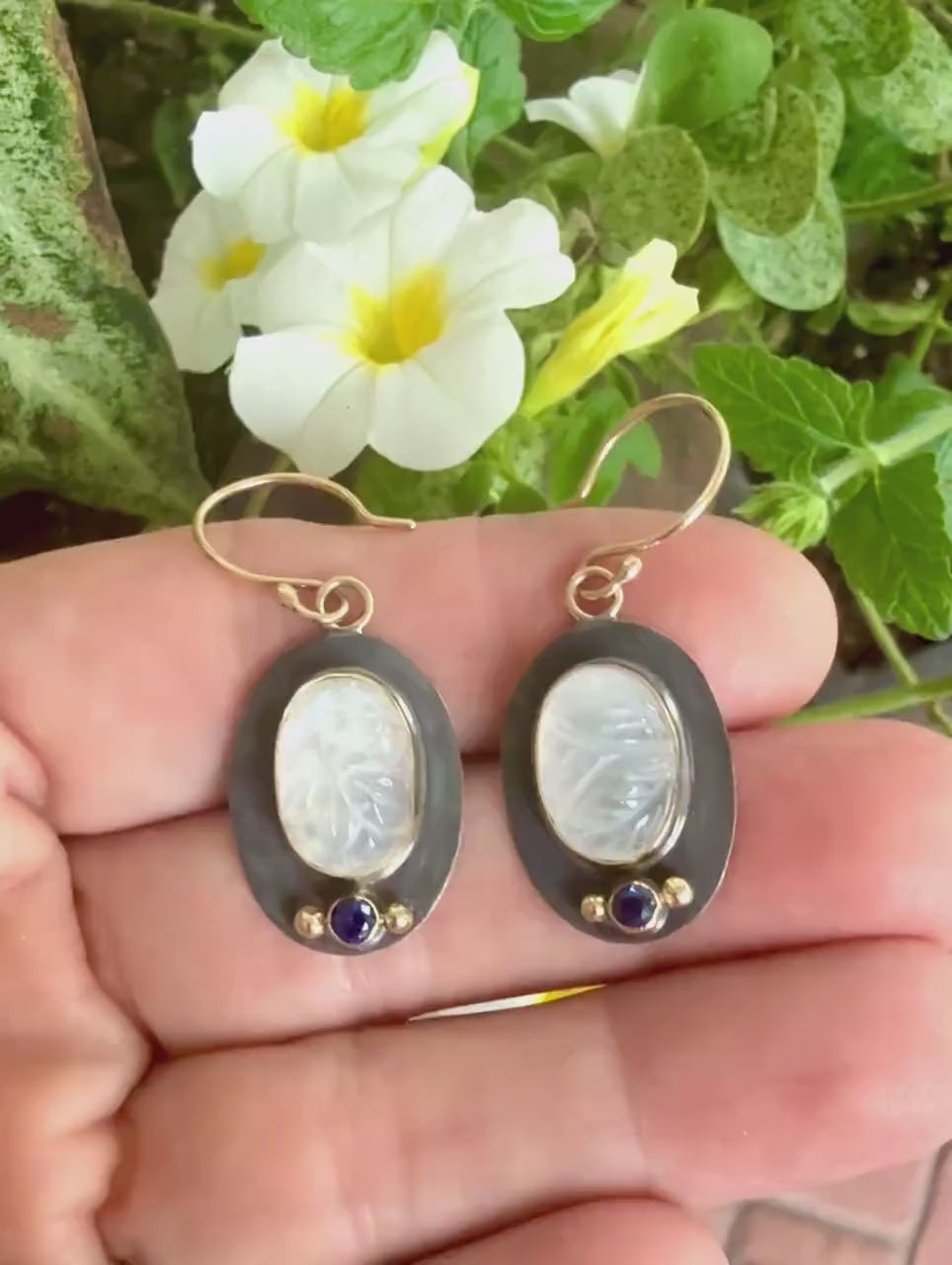 Rainbow Moonstone and Sapphire Earrings: 14k Gold & Oxidized Sterling Silver