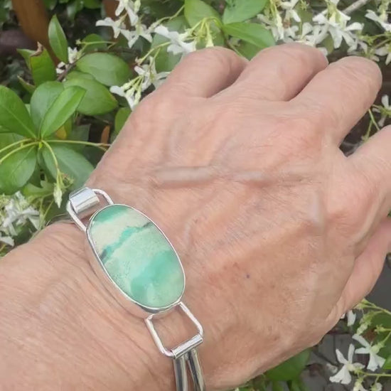 Indonesian Opal Bracelet in Sterling Silver, Bangle with Scenic Stone
