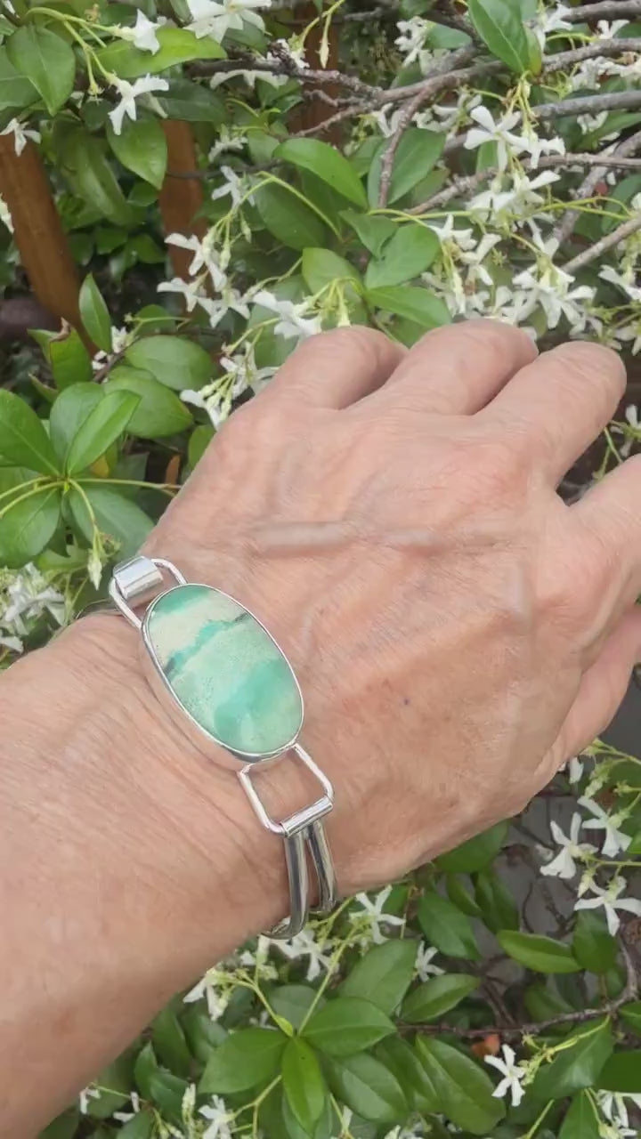 Indonesian Opal Bracelet in Sterling Silver, Bangle with Scenic Stone