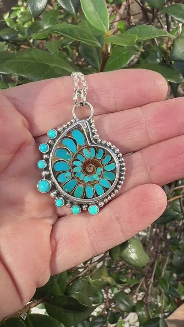 Ammonite Fossil Inlaid with Natural Turquoise, Sea Life Pendant, Turquoise Necklace