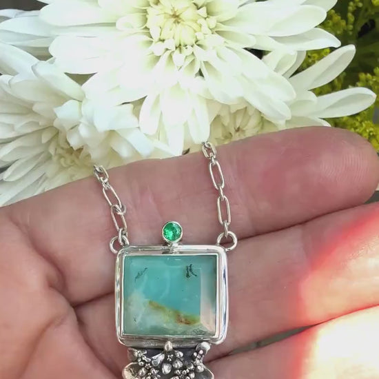 Peruvian Opal square necklace with Emerald in sterling silver