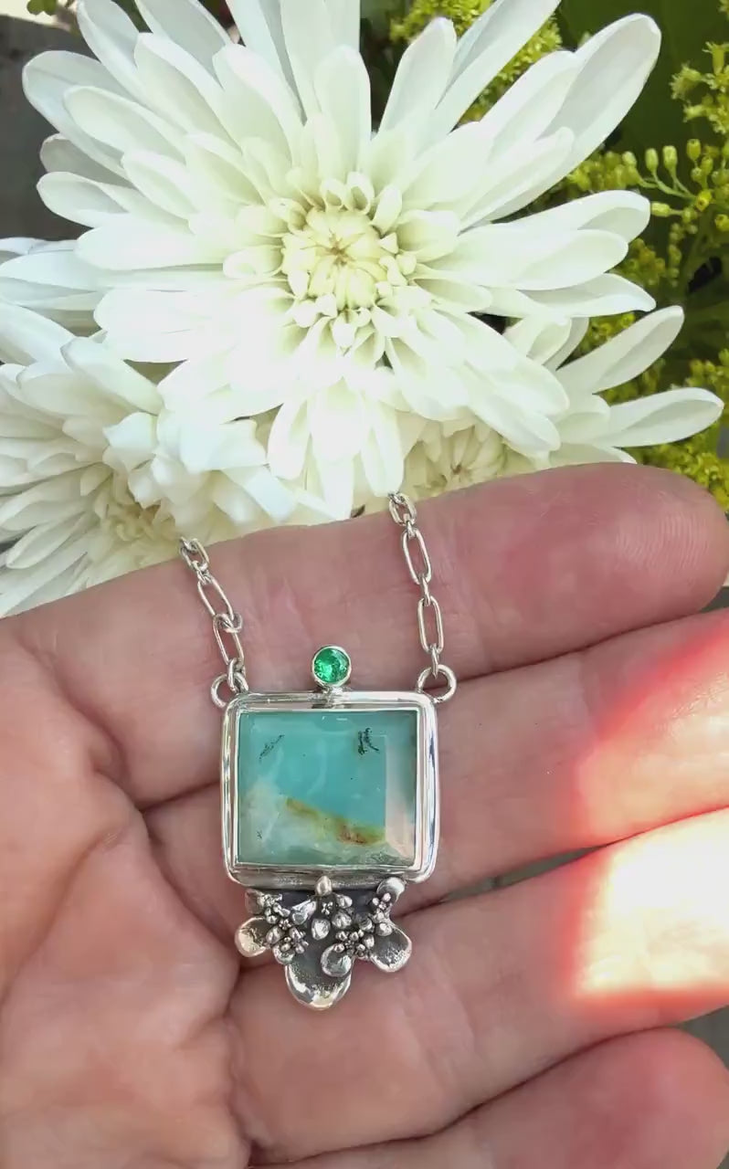 Peruvian Opal square necklace with Emerald in sterling silver